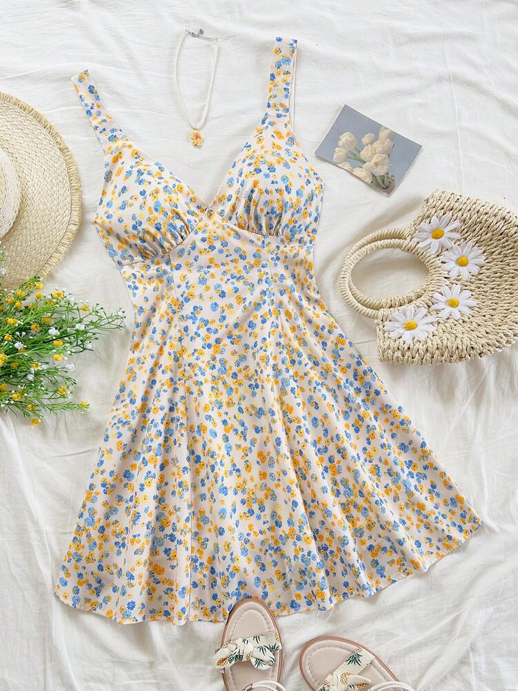 Women's Pink Chiffon Floral Print Mini Dress Spaghetti Strap Open Back Bowknot Waist A Line Style Romantic Boho Summer Vacation Outfit