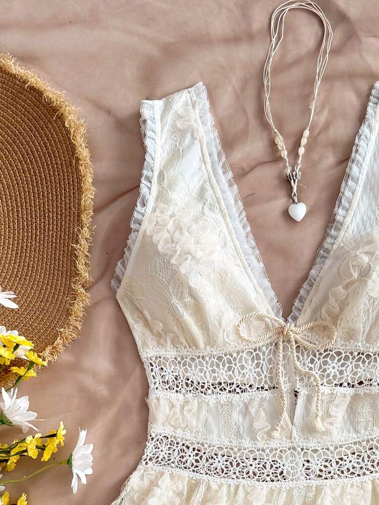 Women's Romantic Floral Lace Patchwork Mini Dress V Neck Bowknot Front Ruffle Hem Elegant Summer Outfit For Party Vacation Graduation