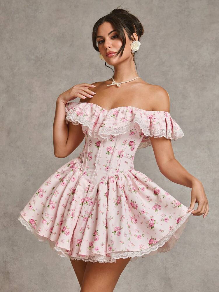 Women's Pink Floral Lace Patchwork Dress Off Shoulder Ruffle Hem Princess Style Romantic Party Cocktail Bridesmaid Holiday Winter Wear
