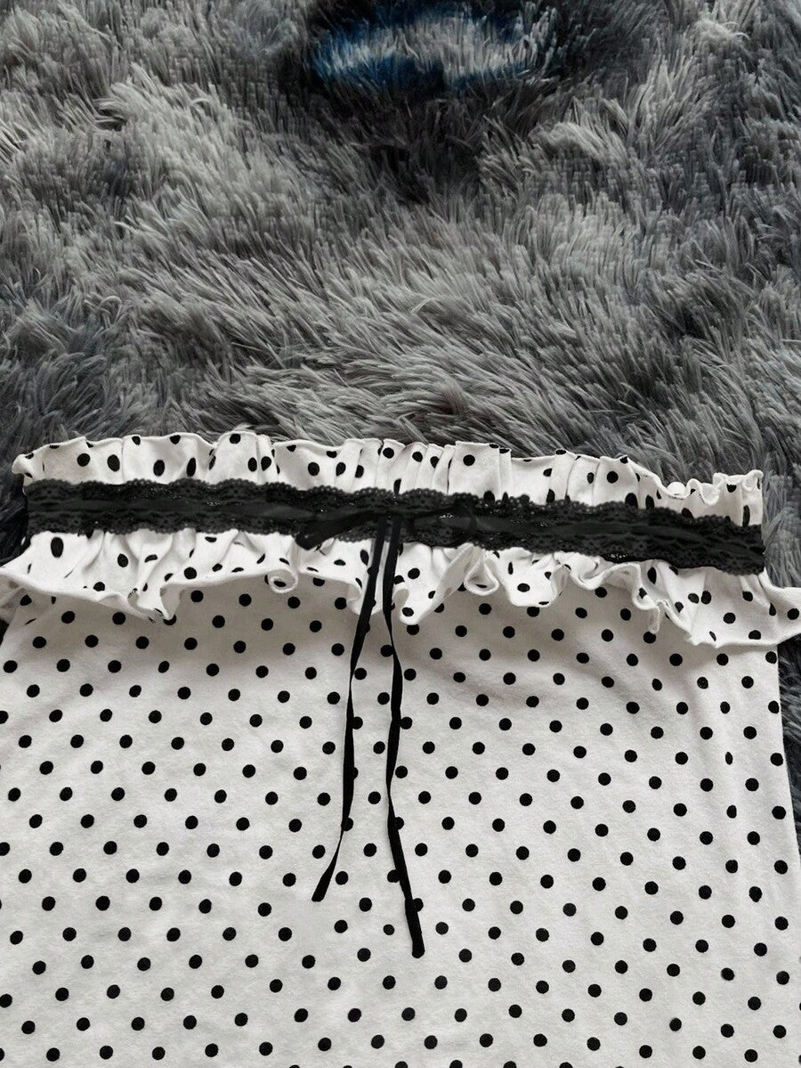 Women's Strapless Polka Dot Mini Dress With Ruffle Trim And Lace Contrast Elegant Sexy Summer Outfit For Party Date Night Holiday
