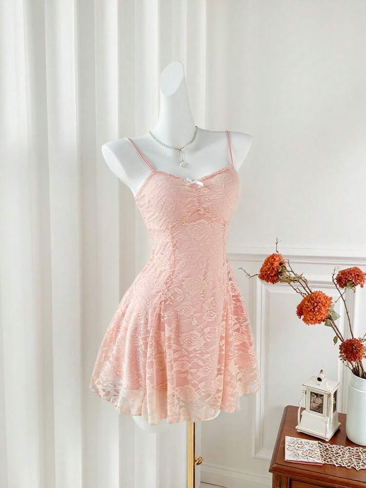 Women's Summer French Style Pink Lace Mini Dress Elegant Suspender Outfit Romantic Cute Fashion Casual Holiday Clothing For Ladies